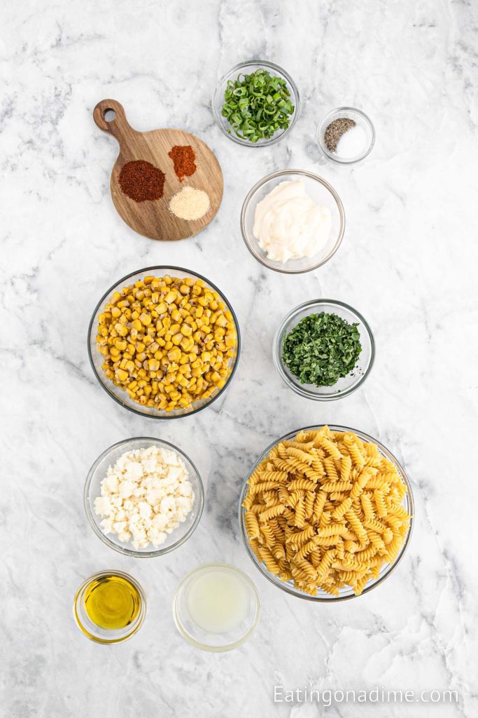 Ingredients needed for the Mexican Street Corn Pasta Salad