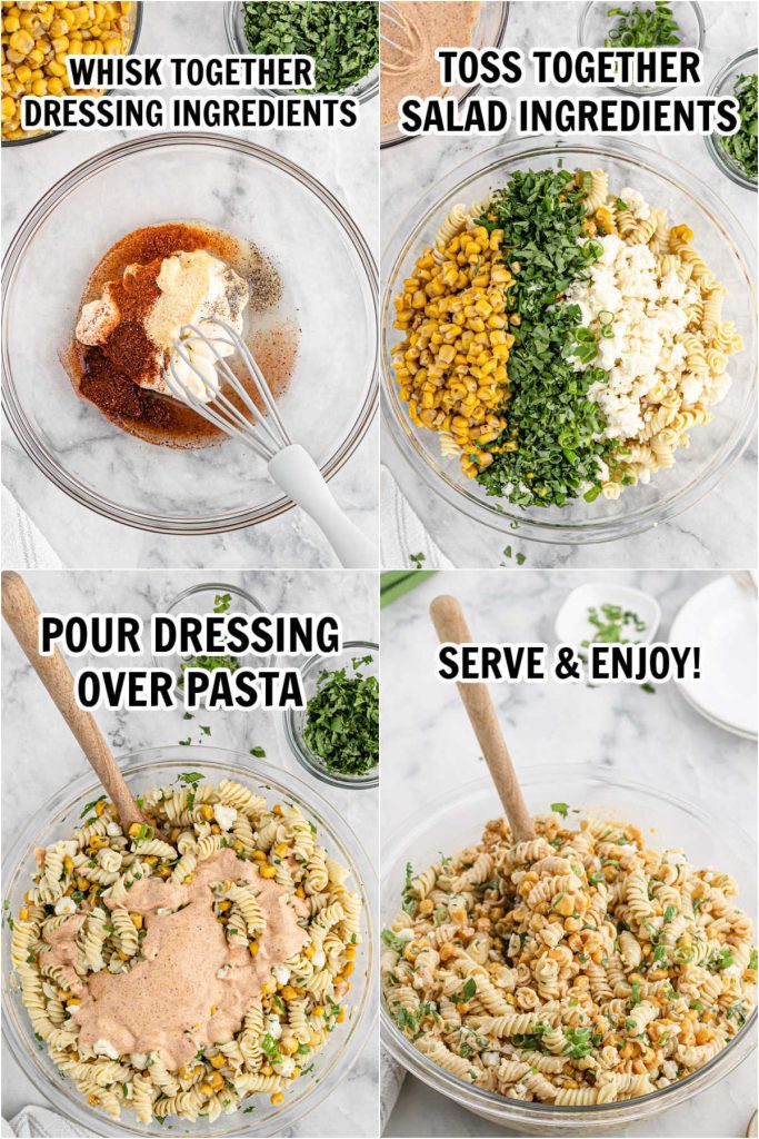 The process of mixing the dressing and the pasta ingredients together