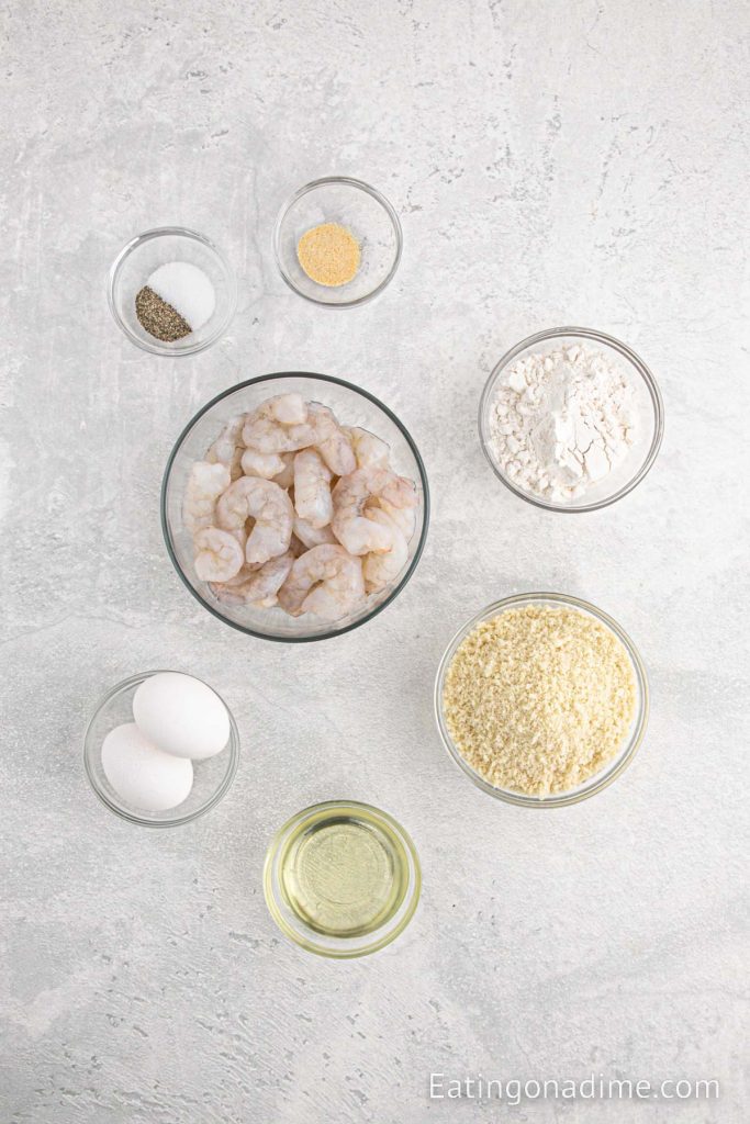 Ingredients needed - shrimp, flour, salt, pepper, garlic powder, panko breadcrumbs, eggs, oil