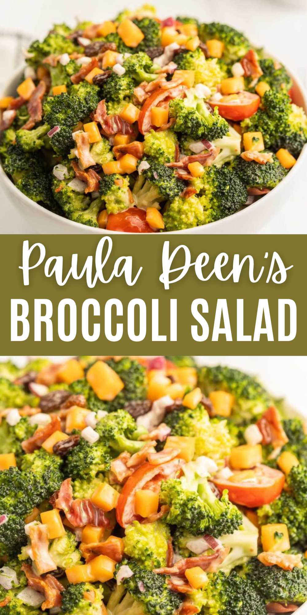 Paula Deen's Broccoli Salad is loaded with fresh vegetable and tossed in a creamy dressing. Make this tasty salad for all your summer BBQ's. If you are looking for a quick and easy summer salad, make this copycat broccoli salad. It is loaded with fresh ingredients and a made from scratch dressing. #eatingonadime #pauladeensbroccolisalad #broccolisalad