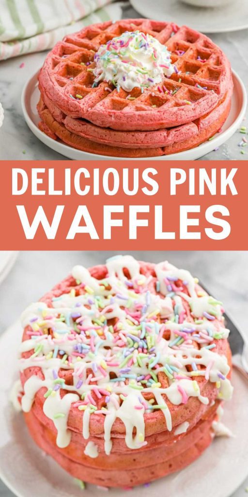 Surprise the kids with Pink Waffles for breakfast! These pink velvet waffles are delicious and made with simple ingredients! These pink waffles are perfect for Valentine's Day or for a special occasion. Top the waffles with a cream cheese glaze with fun sprinkles. Which makes these Pink Waffles extra special. #eatingonadime #pinkwaffles #pinkrecipes