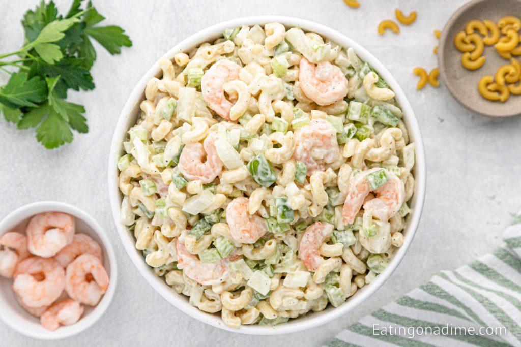 Shrimp Macaroni Salad in a bowl