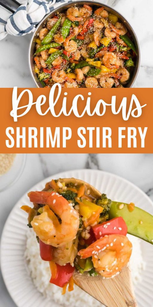 This flavor packed Shrimp Stir Fry is loaded with juicy shrimp and tons of veggies. Toss in a easy sauce that makes a healthy dinner idea. The vegetables cook tender and the jumbo shrimp is juicy and tender. We love to add a side of white rice to complete the meal. #eatingonadime #shrimpstirfry #stirfry #shrimp