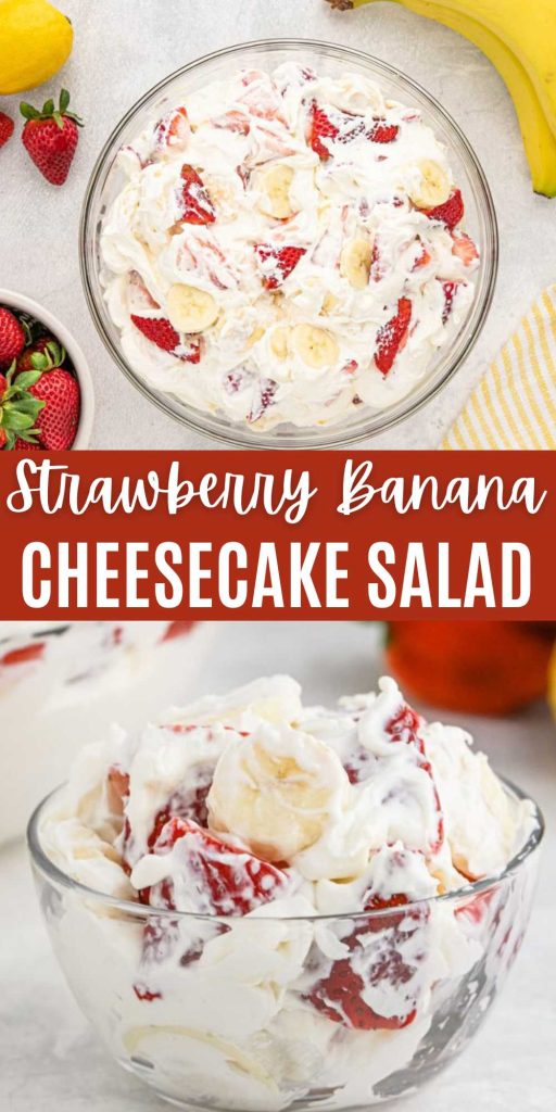 Strawberry Banana Cheesecake Salad is a delicious, creamy salad that is easy to make. If you love cheesecake, make this amazing fruit salad. This rich and creamy cheesecake fruit salad is filled with strawberries and bananas. The simple ingredients makes this the most amazing fruit salad. #eatingonadime #strawberrybananacheesecakesalad #cheesecakesalad 