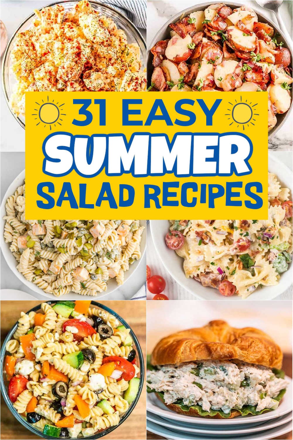 These Summer Salad Recipes are the perfect recipes for all your BBQ's this summer. From fruit salad to potato salad they are easy to make. These salads are perfect to serve the fresh produce of the season. We love a good fruit salad when we are sitting by the pool. But some of my favorites is a creamy chicken salad, broccoli salad or a corn salad. #eatingonadime #summersaladrecipes #summersalad