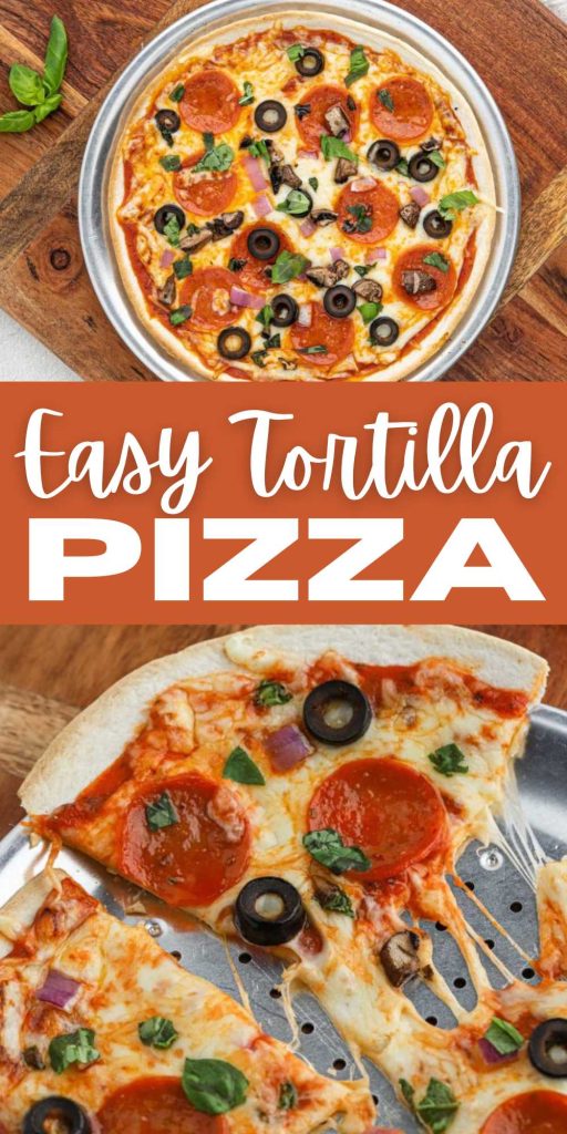 Tortilla Pizza is a great way to make an individual pizza at home. Top your favorite store bought tortilla with your favorite pizza toppings. Personalize your favorite tortilla with all your favorite toppings. We eat a lot of pizza at my house. Having tortillas on hand allows my kids to make pizza for a quick dinner. #eatingonadime #tortillapizza #pizzarecipe