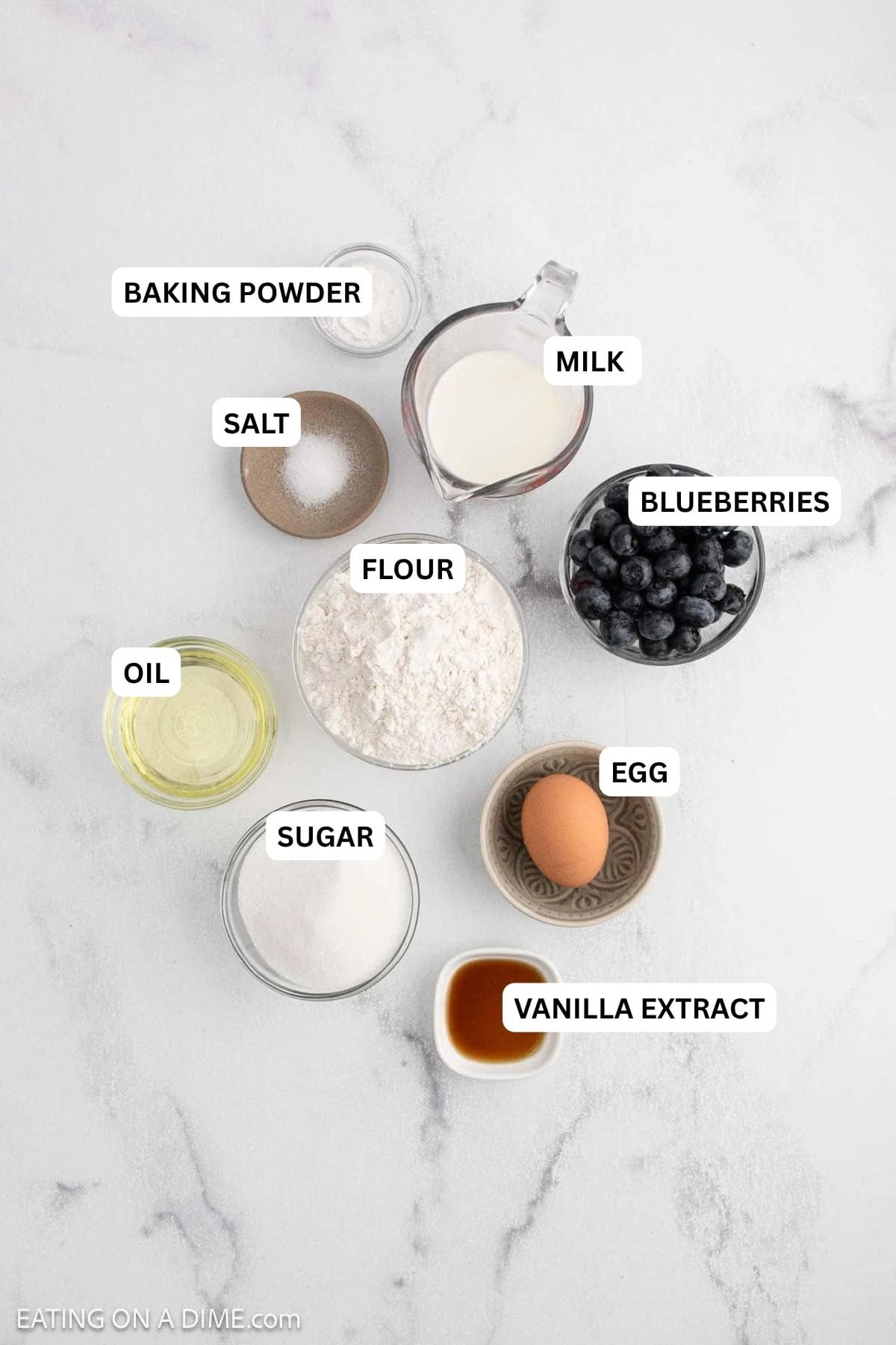 Blueberry muffin ingredients -vanilla extract, sugar, egg, flour, oil, blueberries, salt, milk, baking powder.