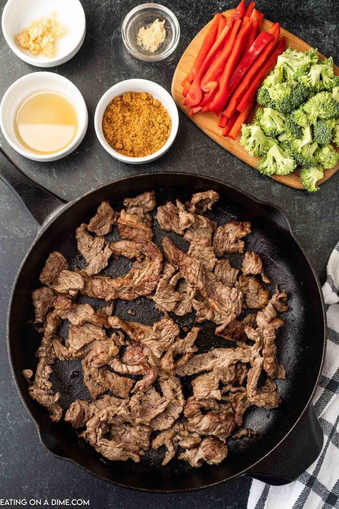 Cooked strips of beef in a skillet