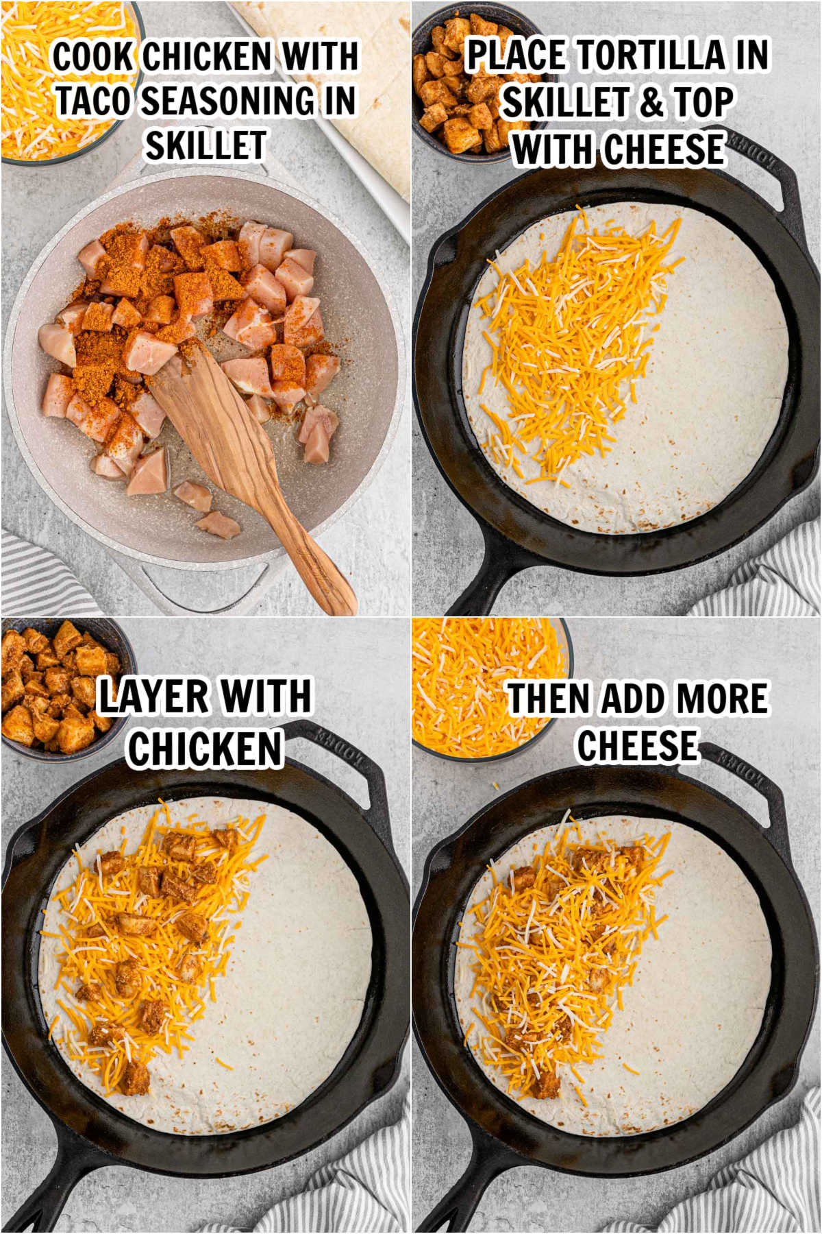 The process of topping the tortilla with chicken and cheese