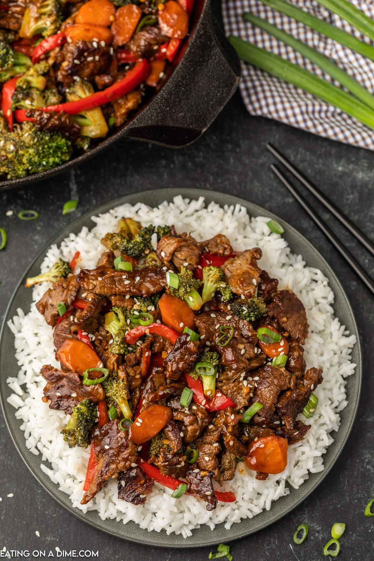 Beef Stir Fry on a plate of white rice