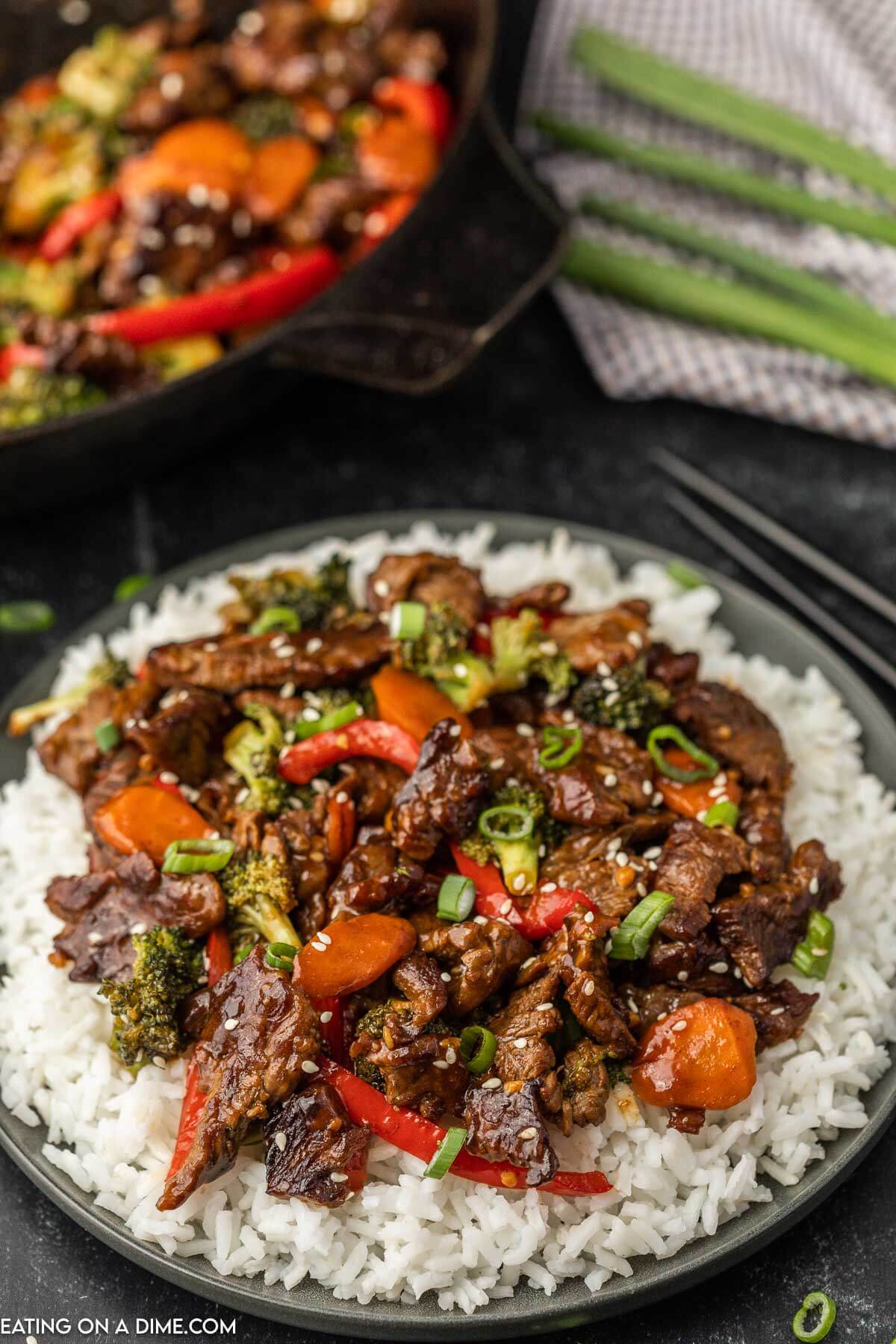 Beef Stir Fry on a plate of white rice