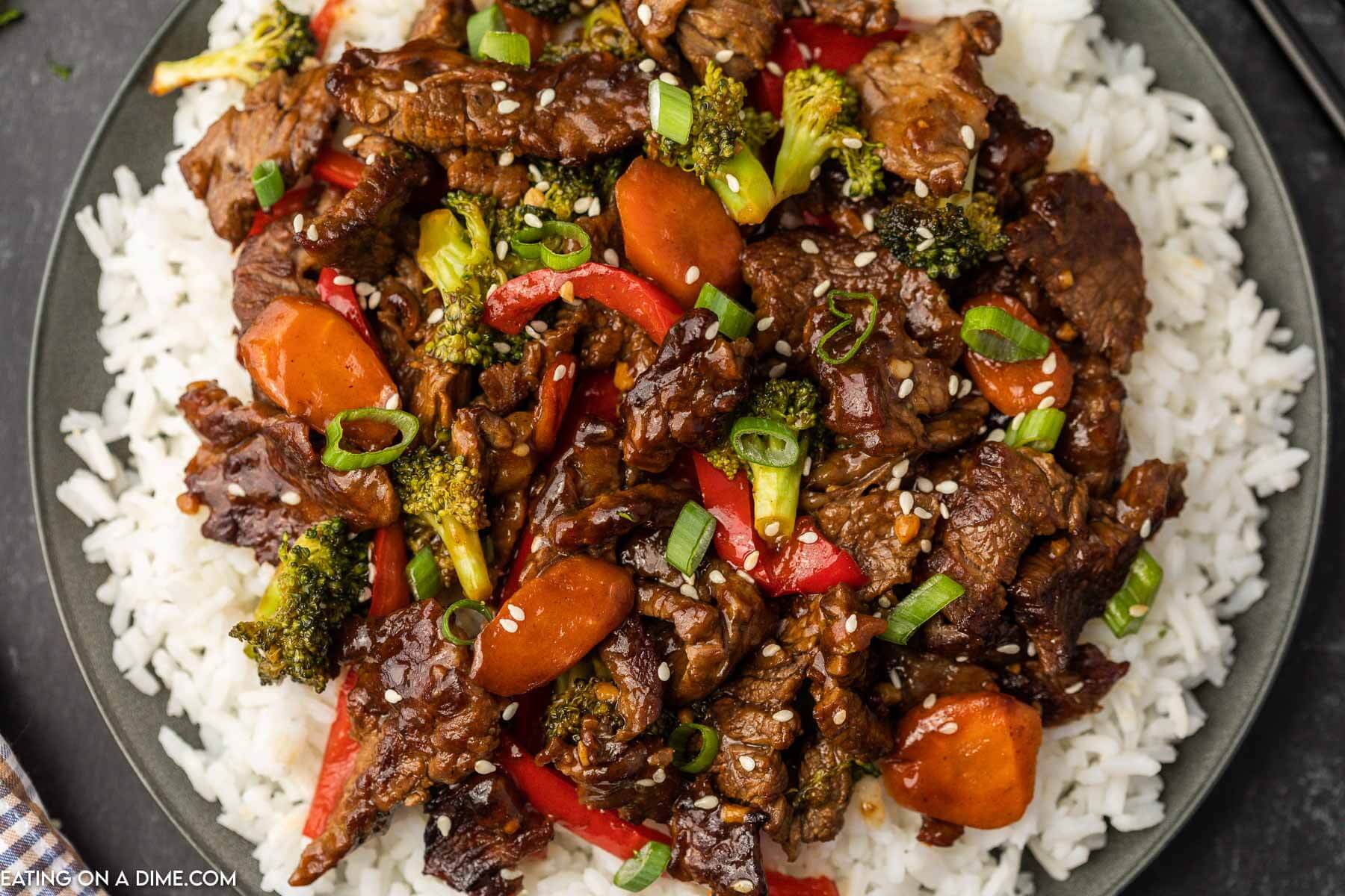 Beef Stir Fry on a plate of white rice