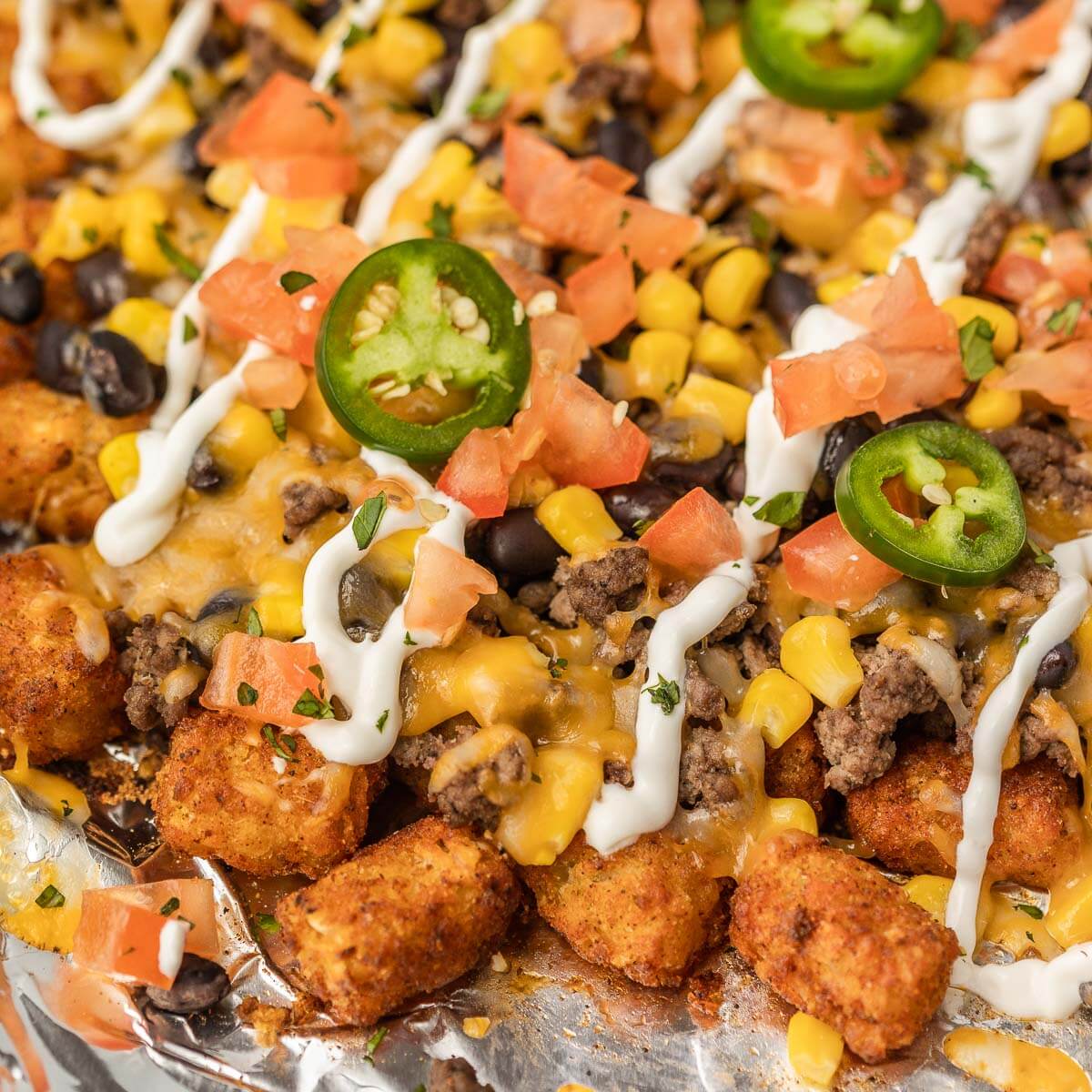 Close up Totchos on baking sheet