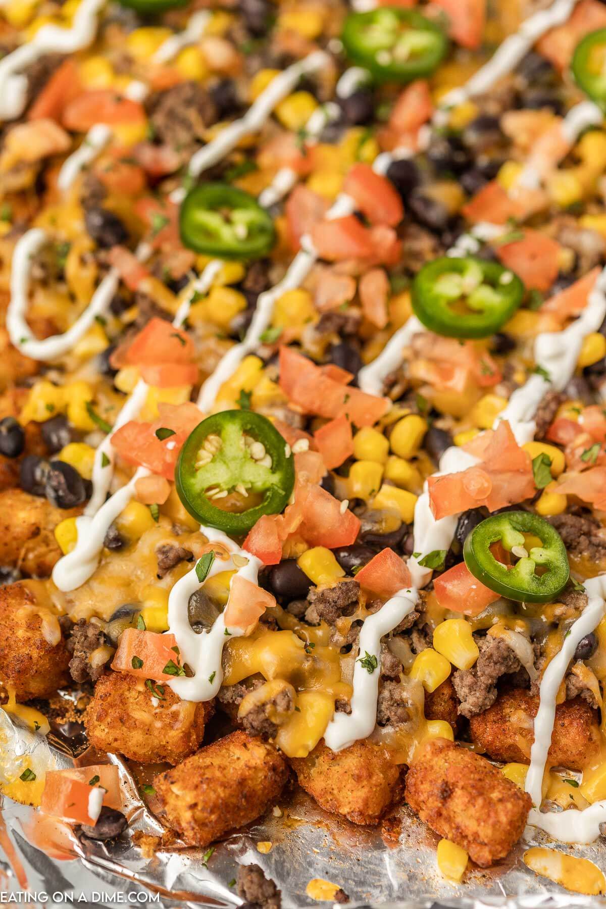 Close up Totchos on baking sheet