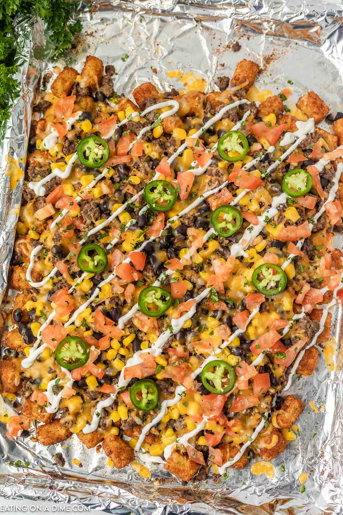 Close up Totchos on baking sheet