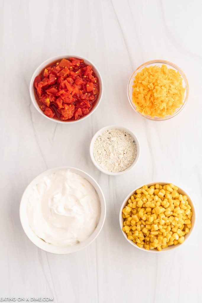Ingredients needed - ranch seasoning mix, sour cream, diced tomatoes with green chilies, corn, cheddar cheese