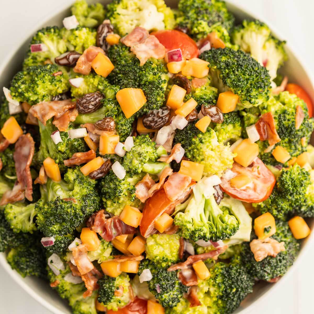 A bowl of broccoli salad