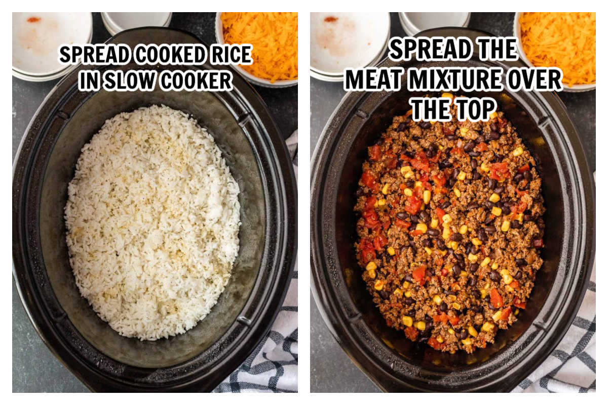 Layering the rice and meat mixture in a slow cooker