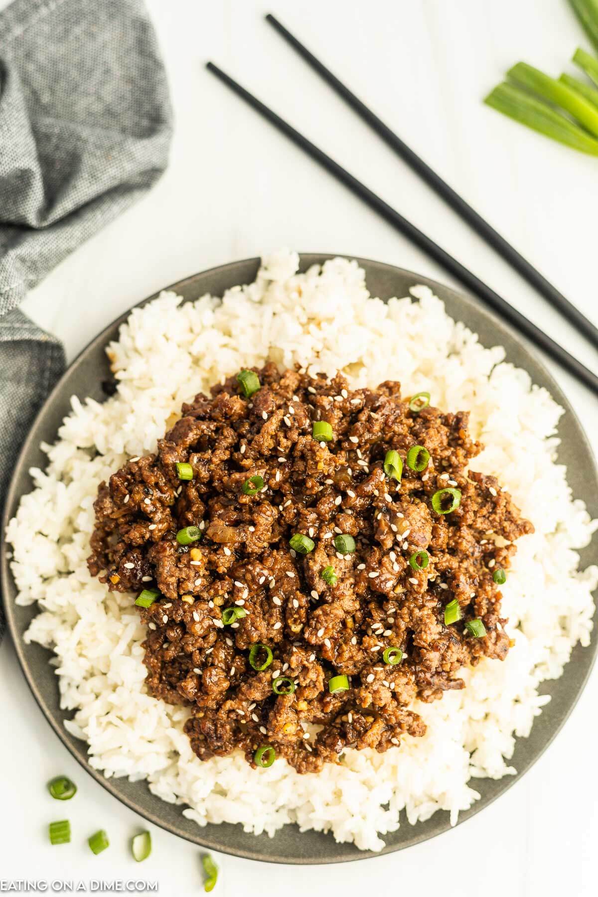 Teriyaki Ground Beef on a plate of white rice