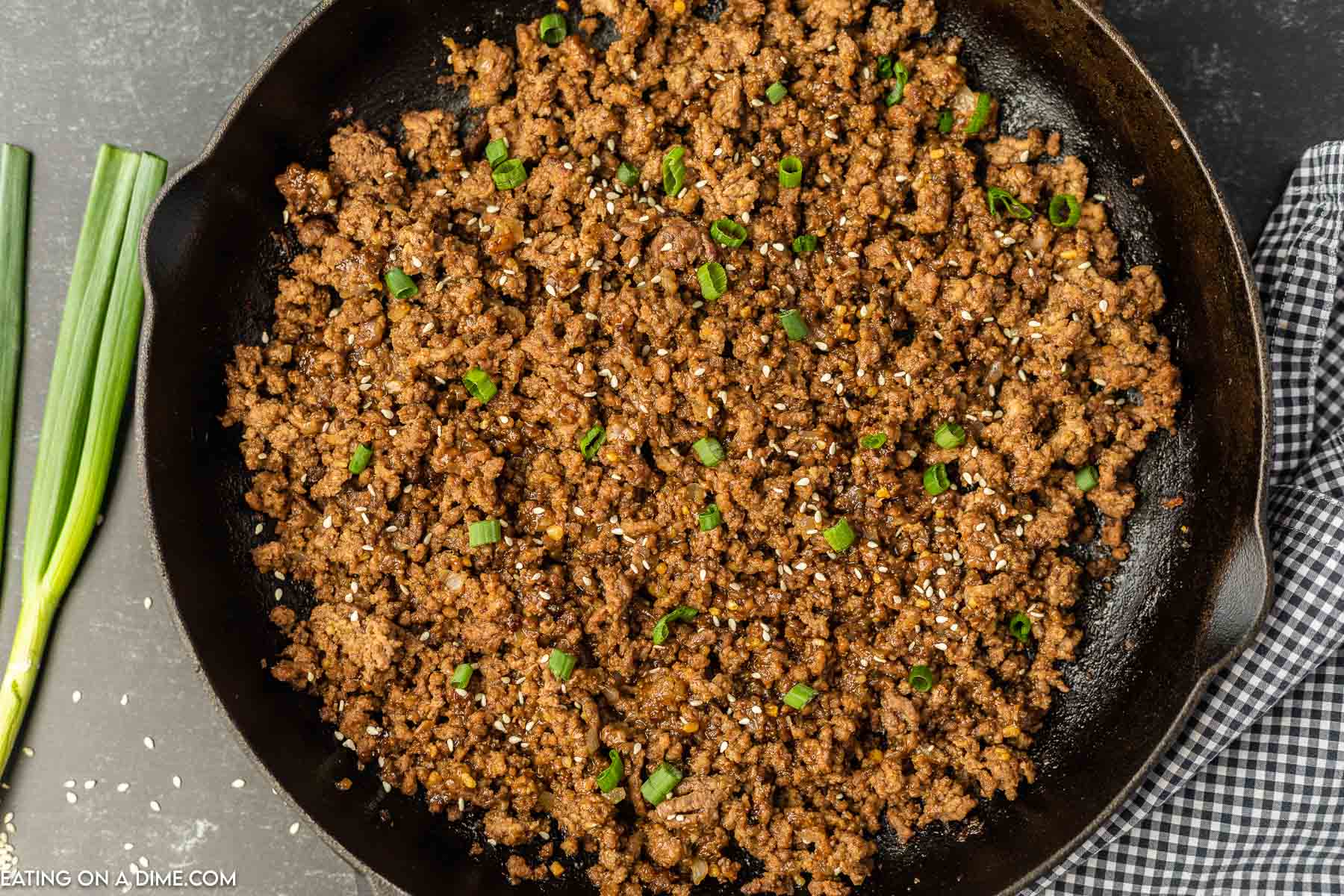 Teriyaki Ground Beef in a cast iron skillet