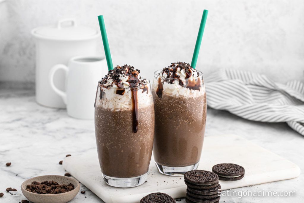 Mocha Cookie Crumble Frappuccino topped with whipped cream and chocolate syrup