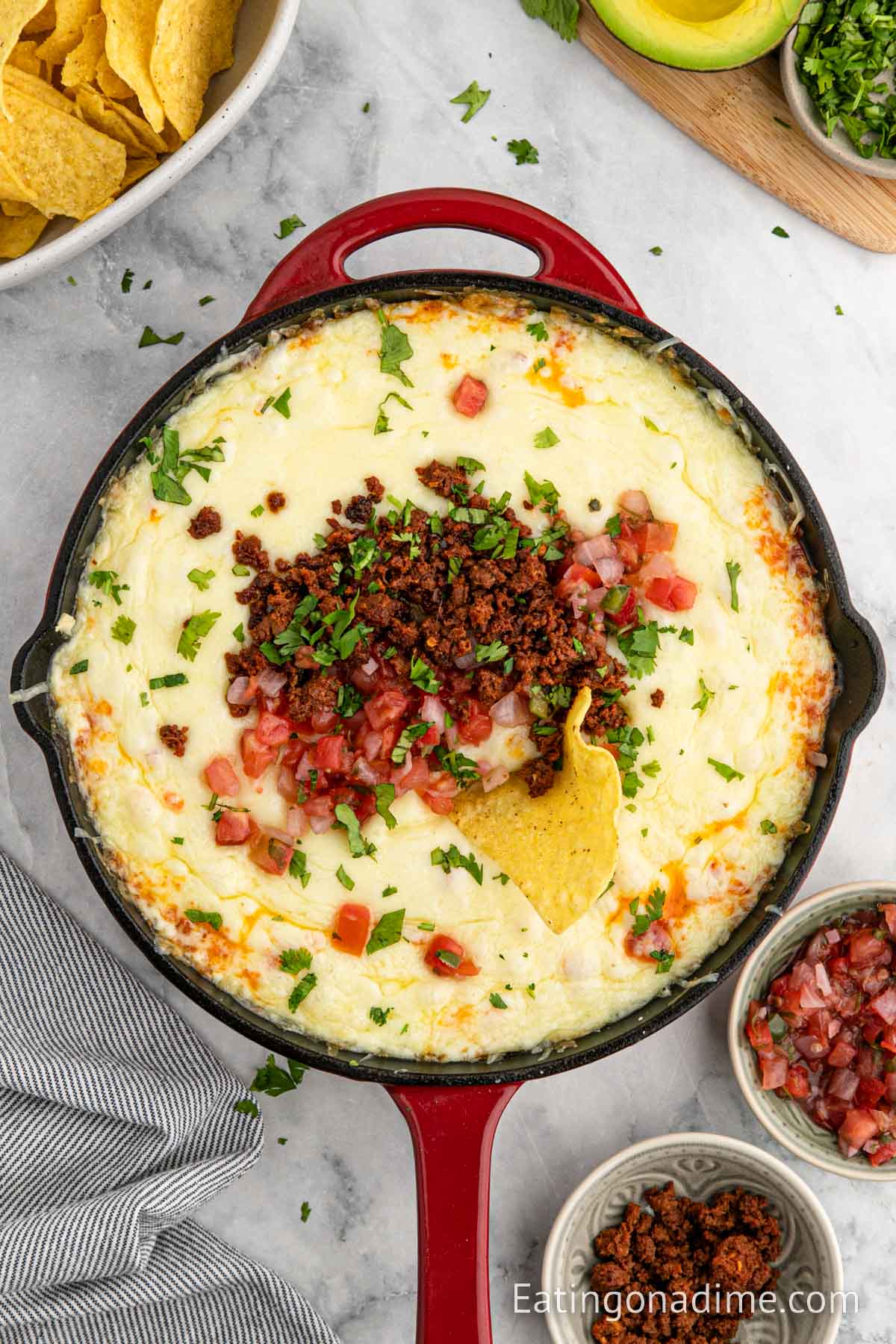 Queso Fundido con Chorizo in a cast iron skillet