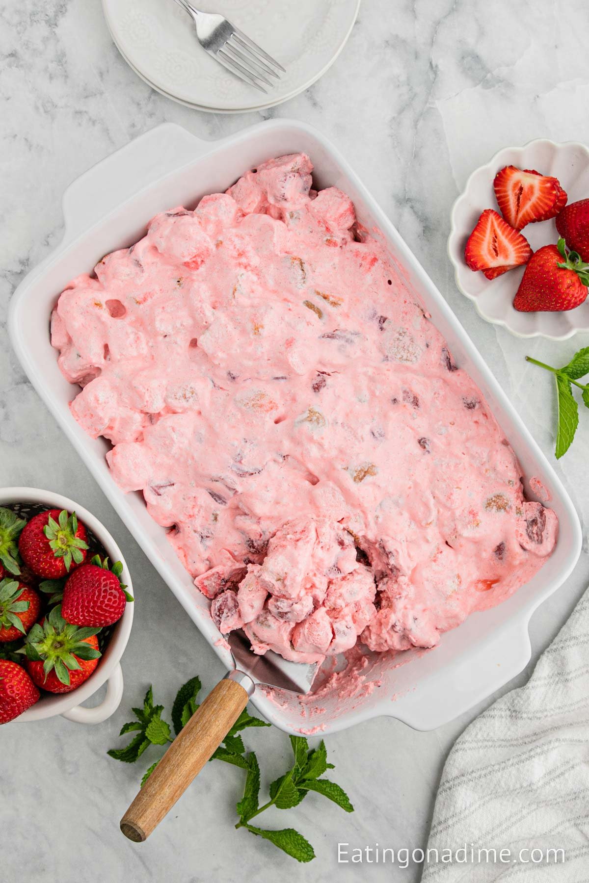 Strawberry angel food cake in a baking dish