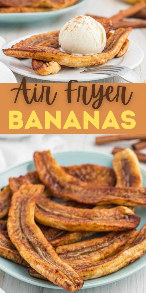 Simple ingredients make these Air Fryer Bananas a quick and easy dessert. Bananas cook easily in the air fryer for a rich and decadent treat. If you are looking for a simple dessert to make in the air fryer, make Air Fryer Bananas. #eatingonadime #airfryerbananas #airfryerdessertrecipe #bananas