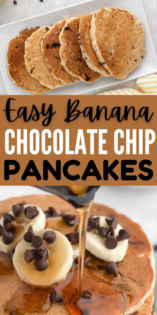 This Banana Chocolate Chip Pancakes are the perfect fluffy pancakes recipe. Create an easy and delicious breakfast or have them for dinner. Add your favorite breakfast sides and top these pancakes with syrup. You can even add more slice bananas and chocolate chips for a fun and delicious pancake recipe. #eatingonadime #bananachocolatechippancakes #pancakes #bananapancakes #chocolatechippancakes