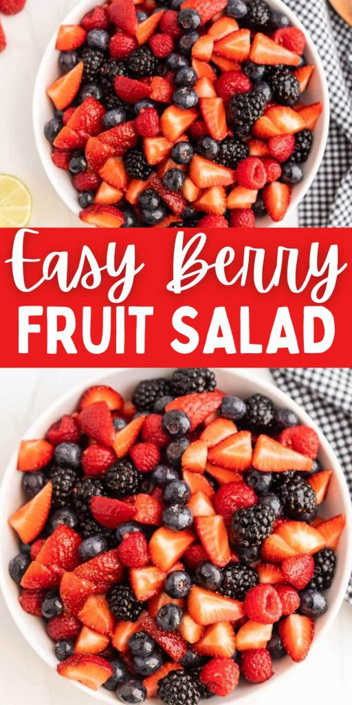 If you are looking for the perfect side dish, make this Berry Fruit Salad. It is loaded with fresh fruit and mixed with a honey lime glaze. The next time you are hosting a BBQ, make this refreshing and light fruit salad. Fresh fruit salads are the perfect side dish and adding the delicious dressing take this recipe to the next level. #eatingonadime #berryfruitsalad #fruitsalad