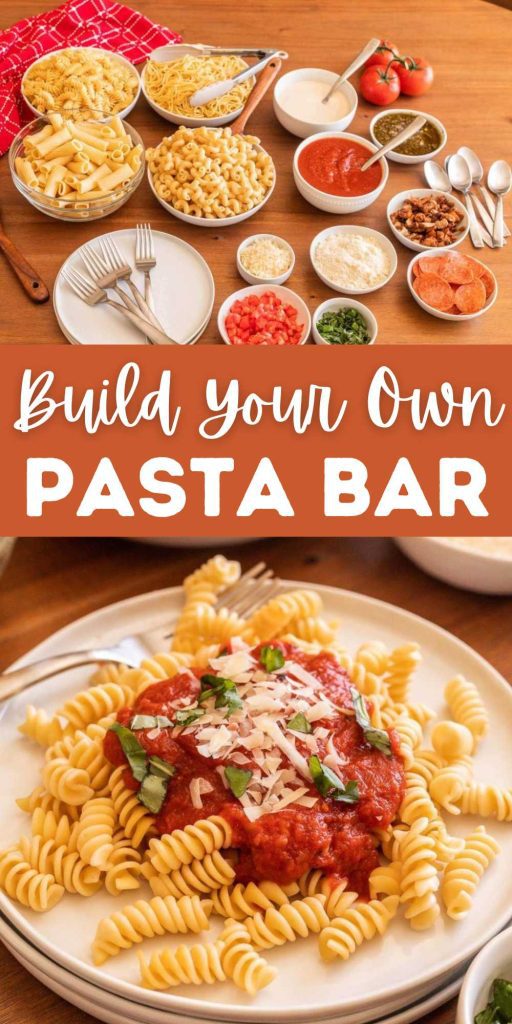 Pasta Bar is a great meal to prepare for a family gathering or a weeknight dinner. It is a fun way to serve a variety of pasta and sauces. We love hosting family and friends for the big game and this DIY Pasta Bar is a great meal to prepare. Making a pasta station allows everyone to choose their favorite pasta and toppings. #eatingonadime #buildyourownpastabar #pastabar