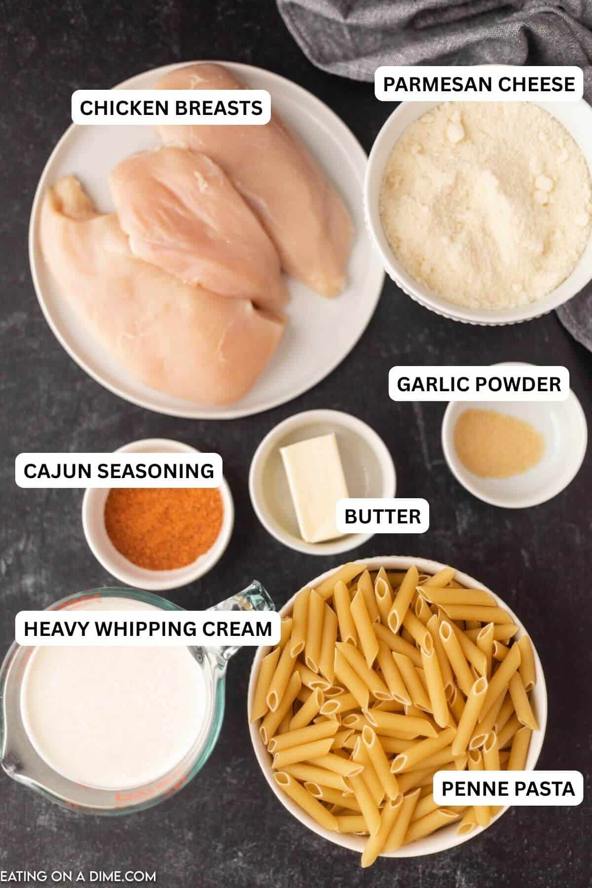 Crock Pot Cajun Chicken Pasta Recipe is creamy and delicious with a little bit of heat. The Cajun flavor jazzes up this chicken dish for a great meal. Ingredients for recipe - chicken breasts, parmesan cheese, Cajun seasoning, butter, heavy whipping cream, penne pasta.
