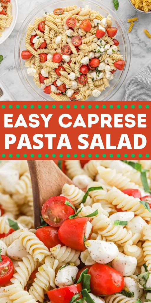 Caprese Pasta Salad is made with fresh ingredients and is easy to make. Take this pasta salad to your next BBQ for the perfect side dish. If you are looking for a light and refreshing pasta salad to make this summer, make Caprese Pasta Salad. #eatingonadime #capresepastasalad #pastasalad #summertime