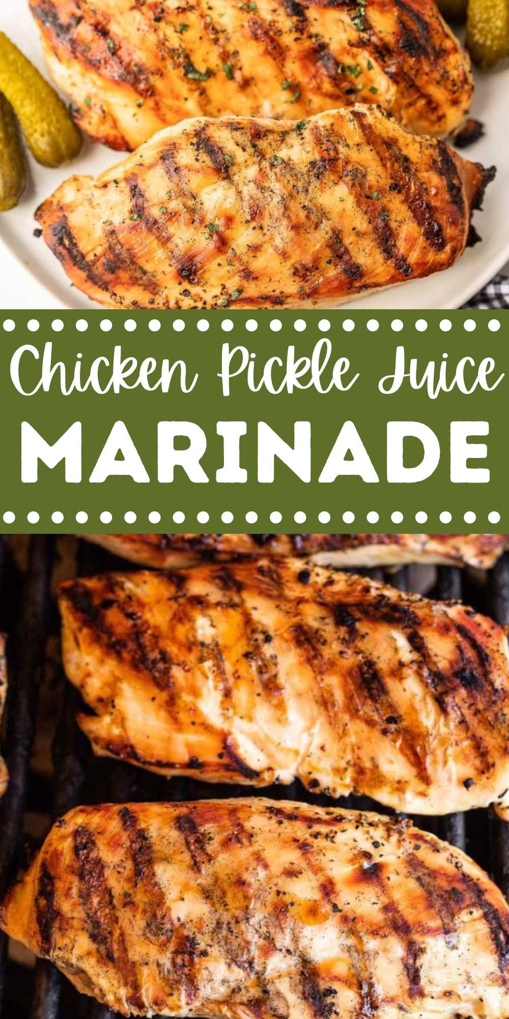 Chicken Pickle Juice Marinade makes chicken so tender with the perfect amount of twang. Each bite of pickle brine chicken is so juicy. The marinade for all your chicken recipes. #eatingonadime #chickenpicklejuicemarinade #marinade #picklejuice