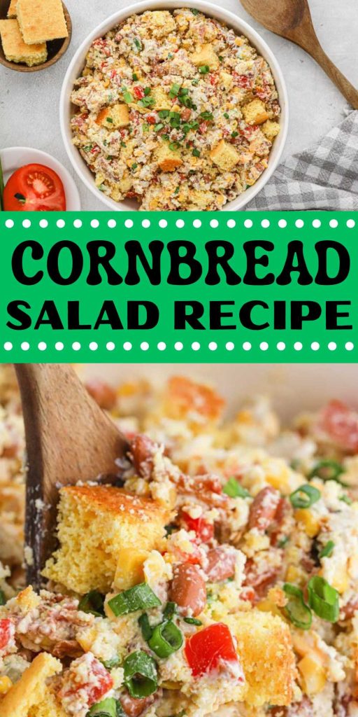 If you are looking for a sweet and savory recipe, make Cornbread Salad. Crumble cornbread and mix with ingredients for a tasty salad recipe. This cornbread salad recipe is the perfect BBQ side dish. Homemade cornbread is crumbled and mixed with easy ingredients. This flavorful salad easily comes together to create something delicious. #eatingonadime #cornbreadsaladrecipe #cornbreadsalad
