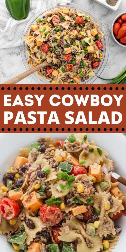 Cowboy Pasta Salad is always a crowd favorite. It is delicious and loaded with simple ingredients. The perfect summertime pasta salad. This Cowboy Pasta Salad is one I make often because it is meaty, cheesy, and creamy. The perfect combination for a delicious pasta salad. #cowboypastasalad #pastasalad #eatingonadime
