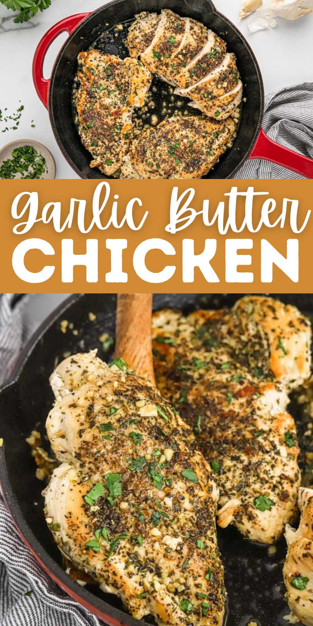 Garlic Butter Chicken is a quick and easy skillet dinner recipe. Chicken is cooked in a delicious garlic butter sauce in about 20 minutes. You can easily serve this chicken breast recipe over white rice or some egg noodles. Add a side salad or roasted vegetables to complete this meal. Rich, hearty and delicious this is sure to be a crowd favorite. #eatingonadime #garlicbutterchicken #chickenrecipe