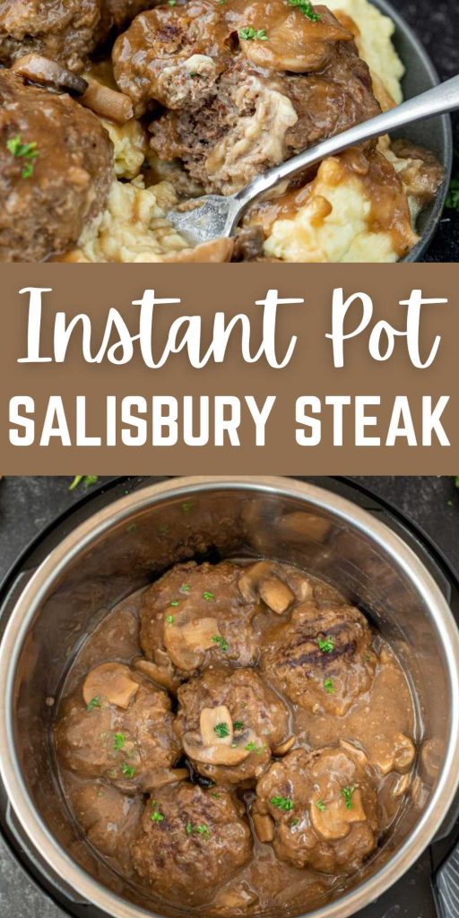 Instant Pot Salisbury Steak is a delicious recipe that cooks easily in the pressure cooker. Serve over mashed potatoes for a delicious meal.  It makes for a quick and easy weeknight dinner. This Instant Pot Salisbury Steak Recipe is a family favorite and loaded with flavor. #eatingonadime #instantpotsalisburysteak #salisburysteak