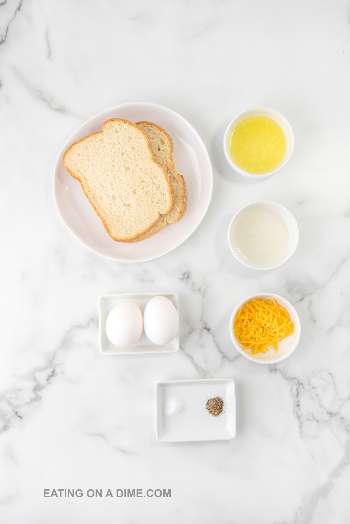 Scrambled Egg Sandwich ingredients - eggs, salt, pepper, bread, butter, oil, cheese