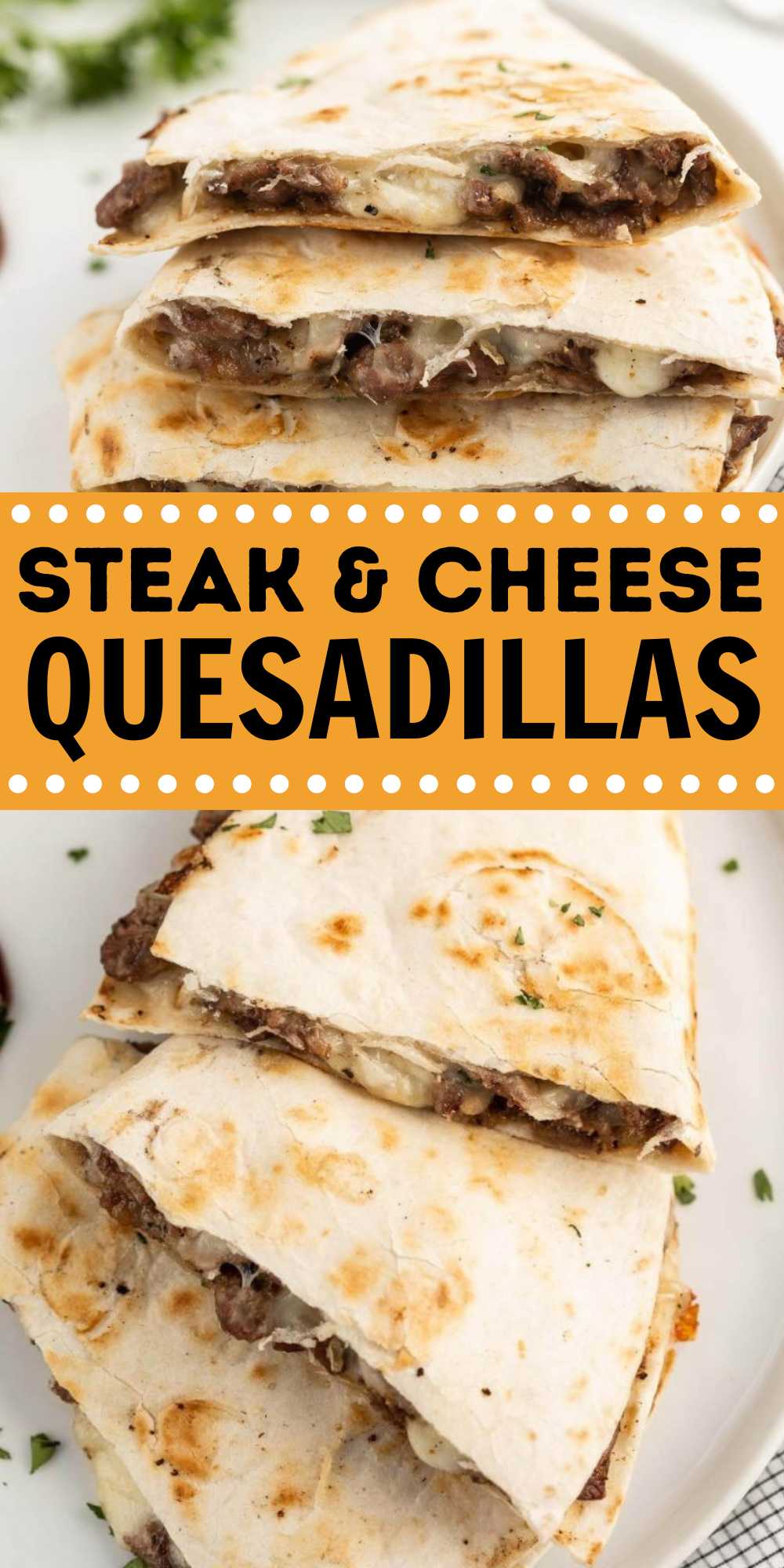 Delicious Steak and Cheese Quesadillas recipe combines bite sized skirt steak, sauteed onions and gooey cheese. It is perfect for leftover steak and makes a fabulous lunch or dinner idea. #eatingonadime #steakandcheesequesadillas #steakquesadillas