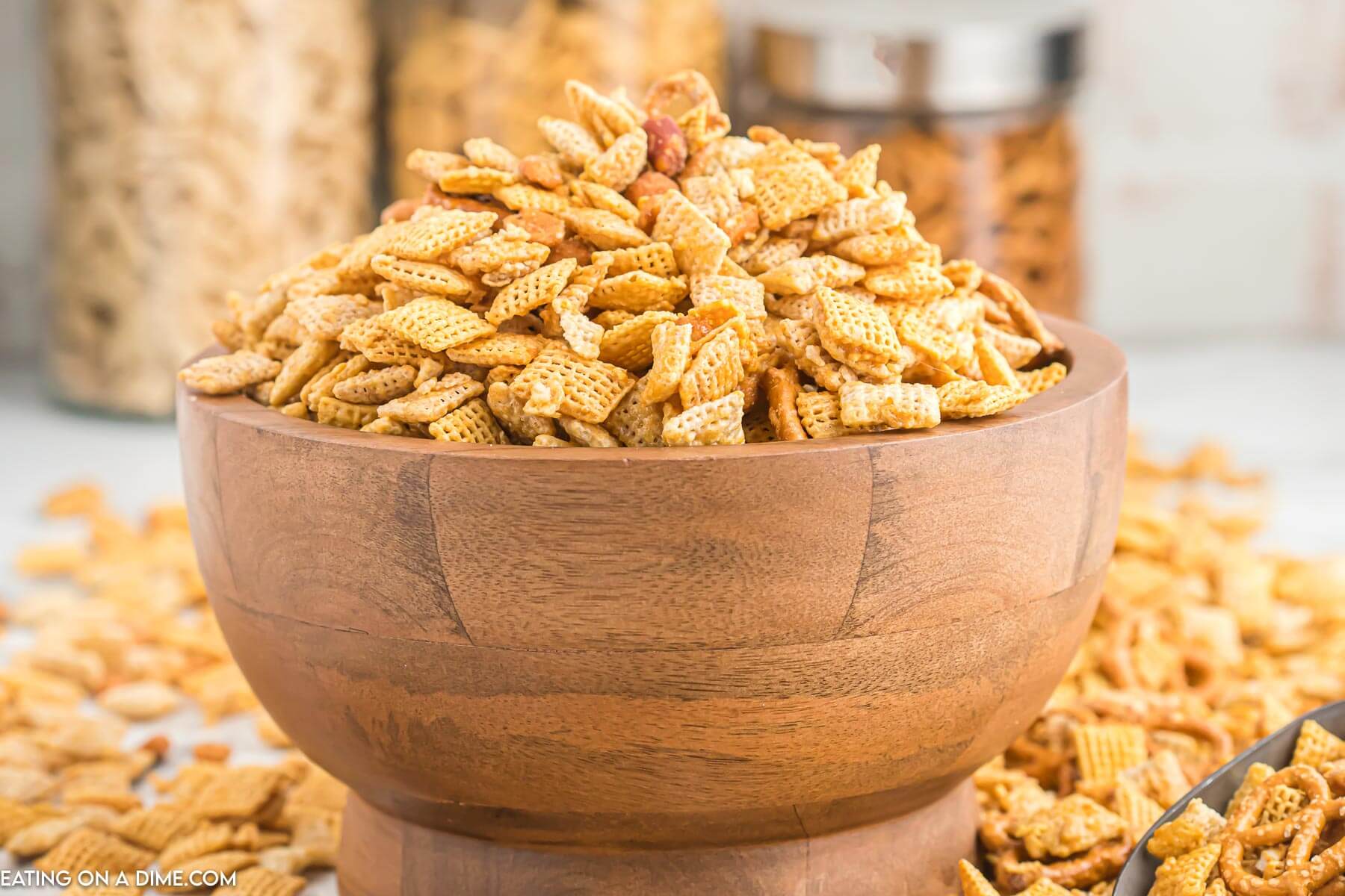 Sweet and salty chex mix in a bowl