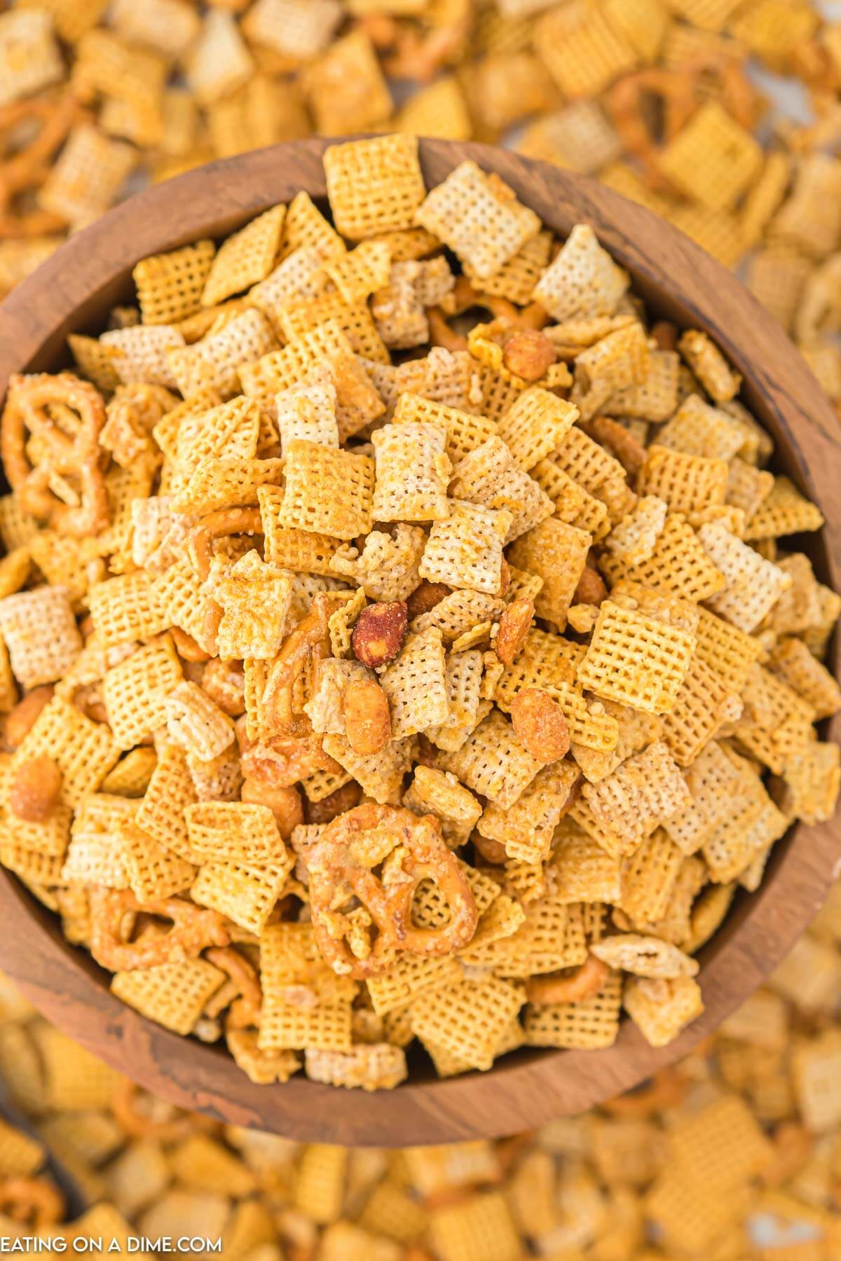 Sweet and salty chex mix in a bowl