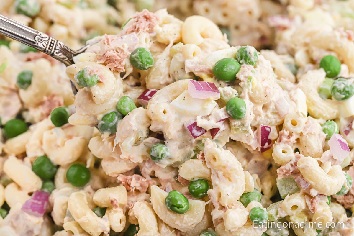 Bowl of Tuna Macaroni Salad with a serving on a spoon