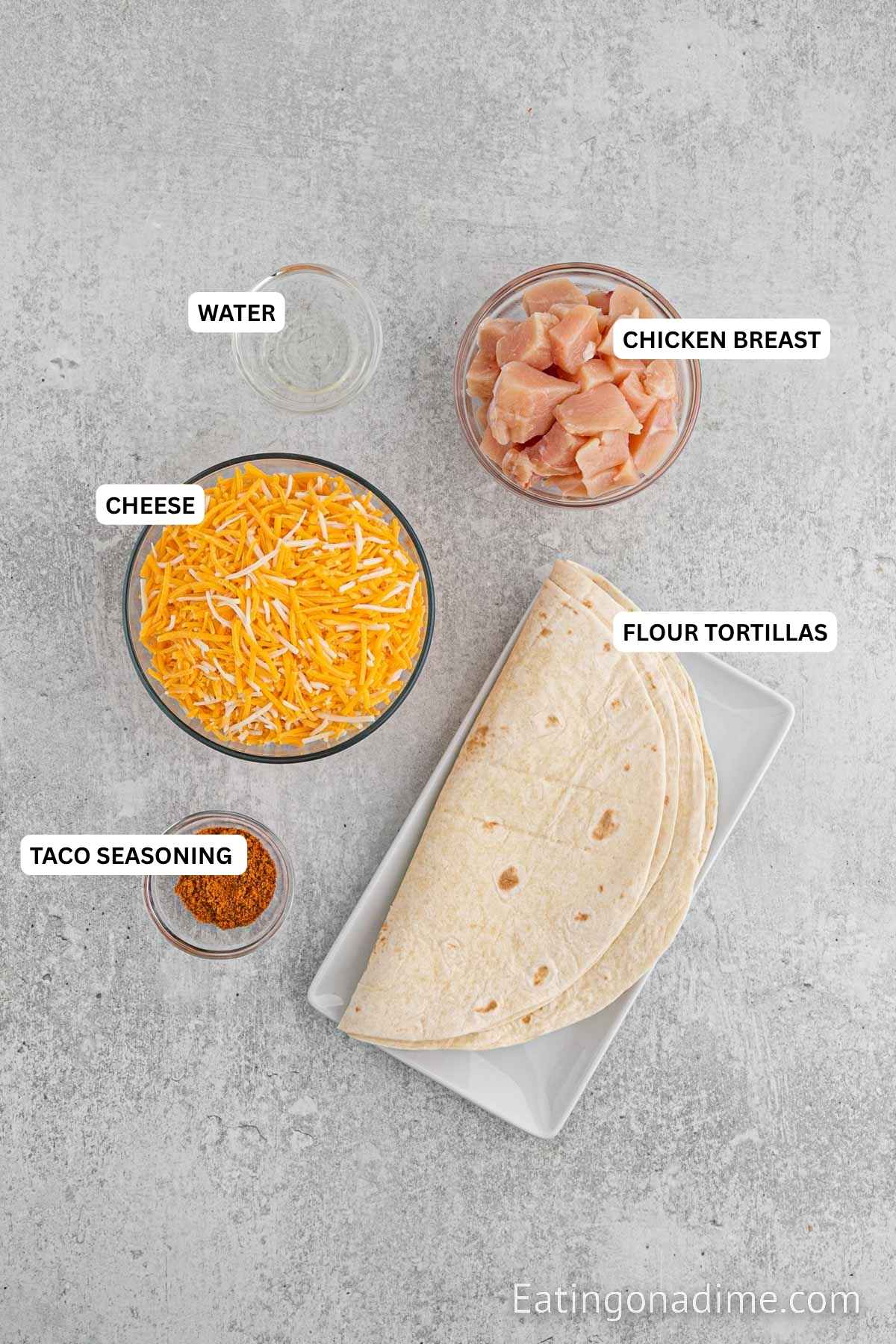 Ingredients for recipe: water, chicken breasts, cheese, flour tortillas and taco seasoning.