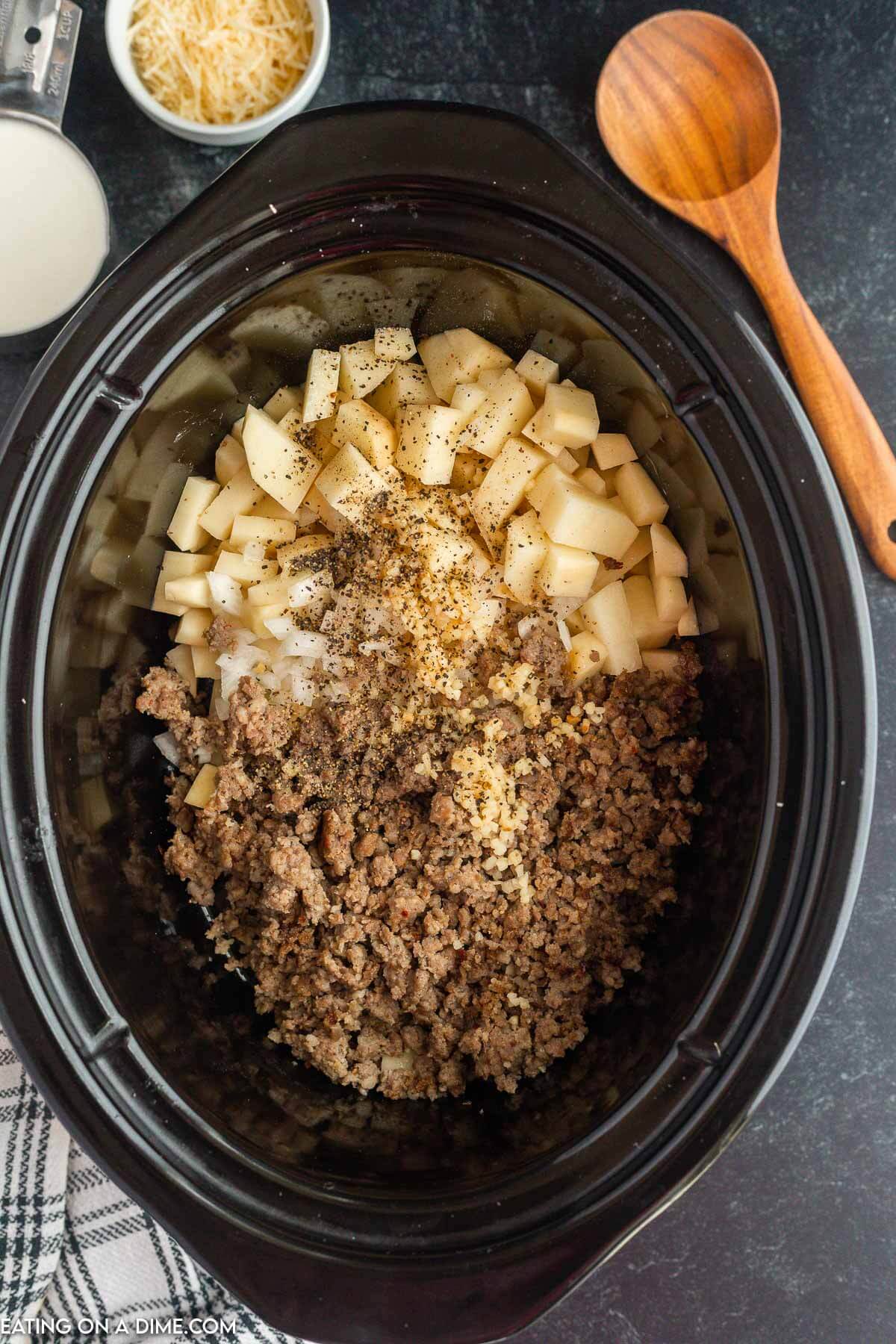 Adding the ingredients to the slow cooker