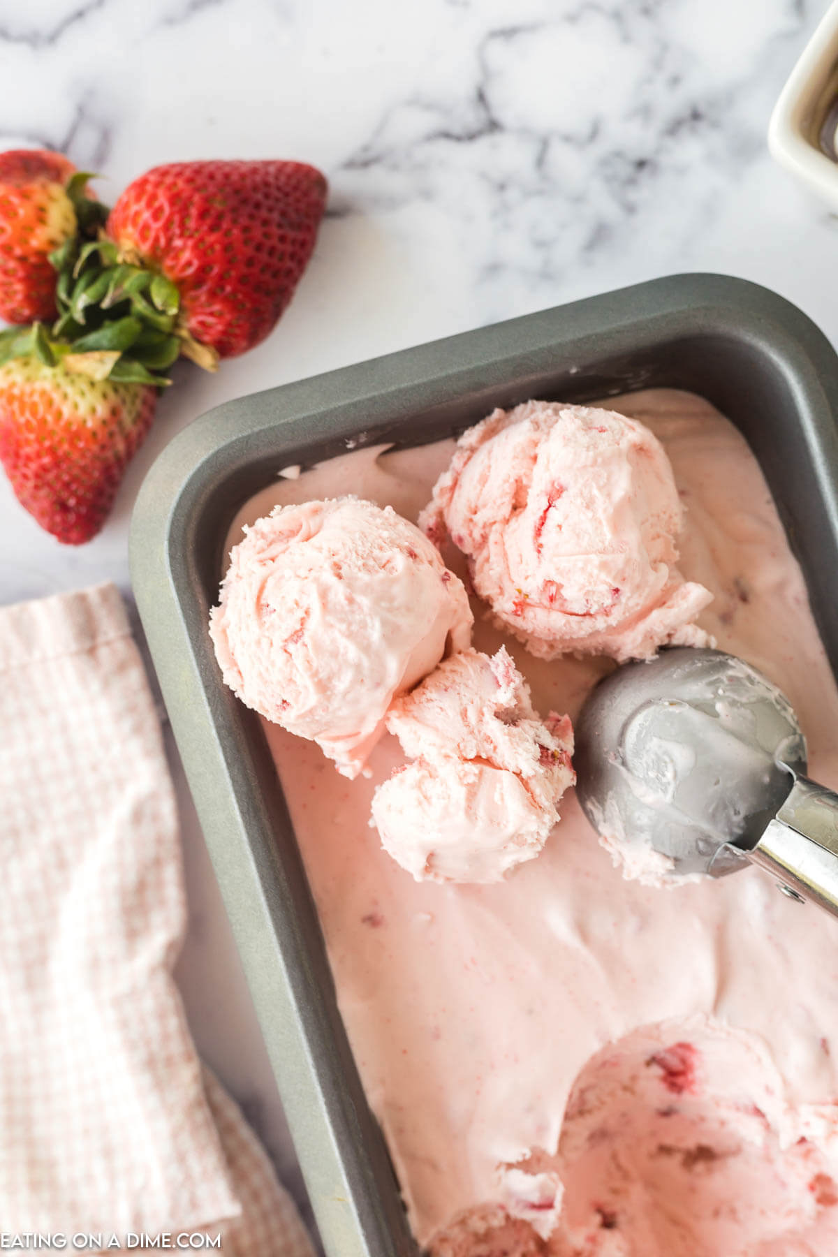 Strawberry ice cream in a loaf pan