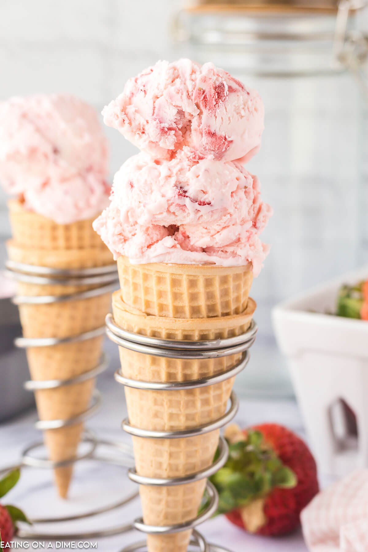 Scoops of Strawberry Ice Cream on a cone