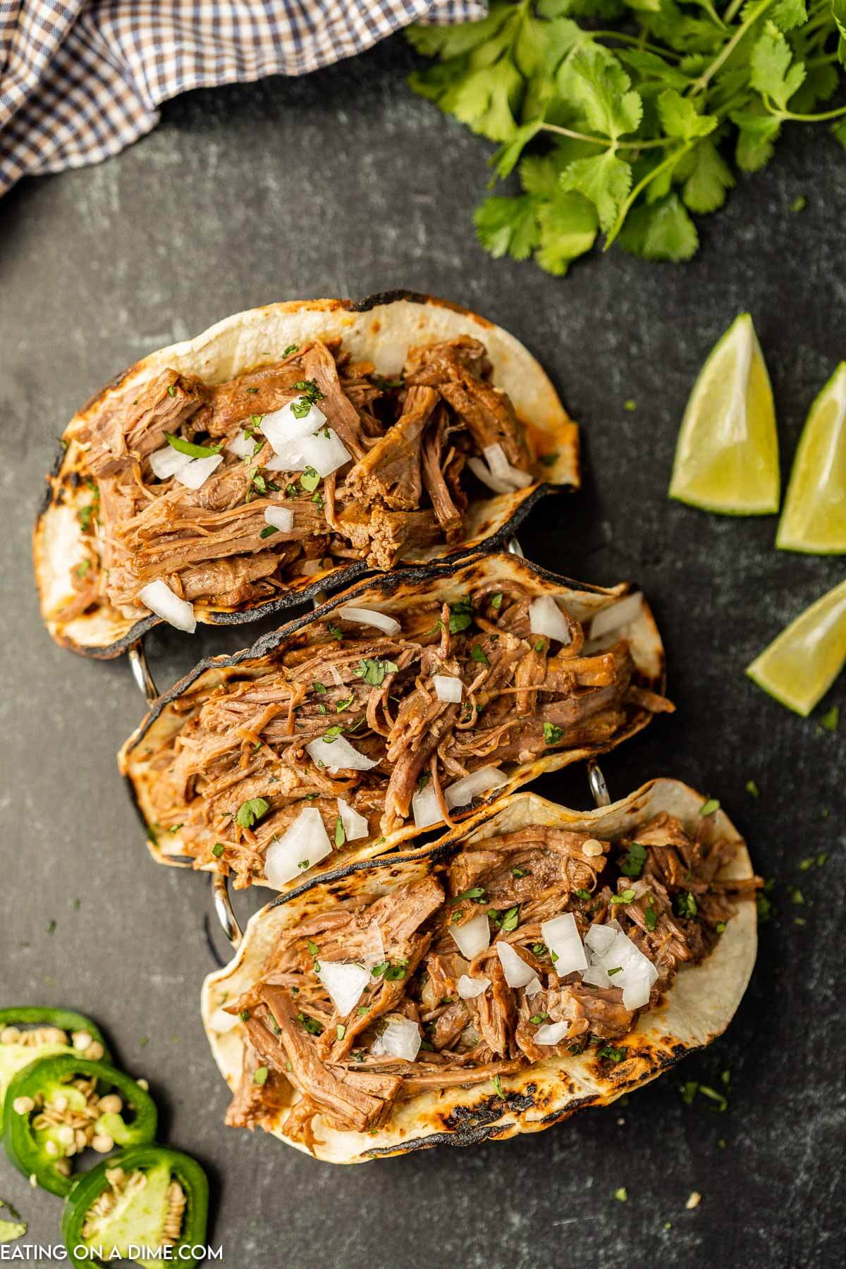Beef Carnitas tacos in a taco stand