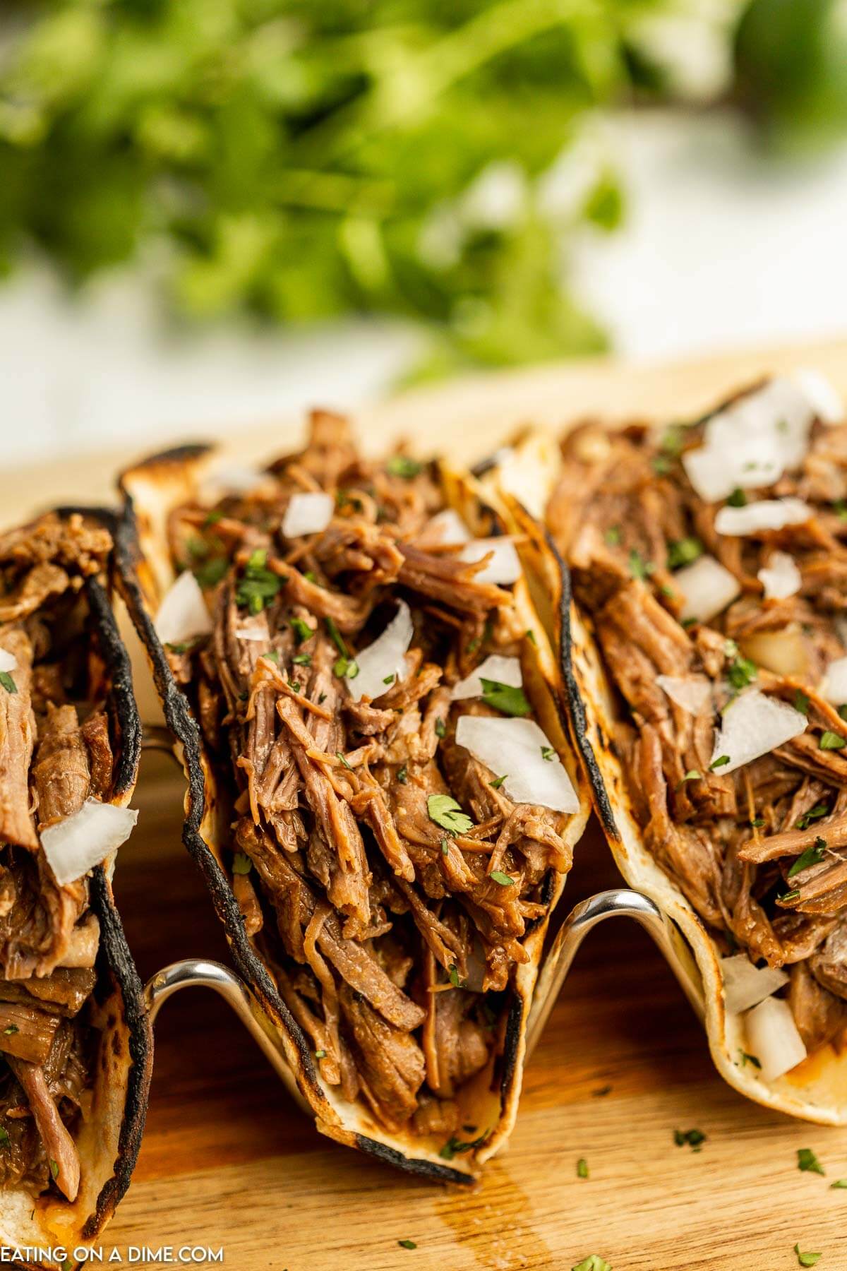 Beef carnitas tacos in a taco stand