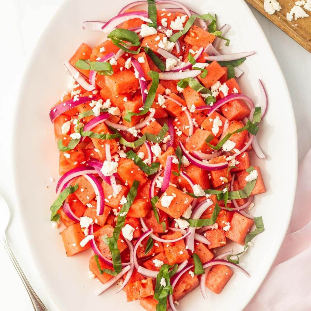 Watermelon Feta Salad on a platter